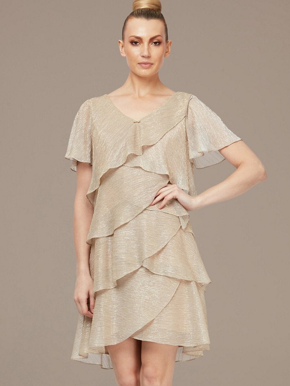 SLNY Gold-Tone Layered Ruffle Midi Dress